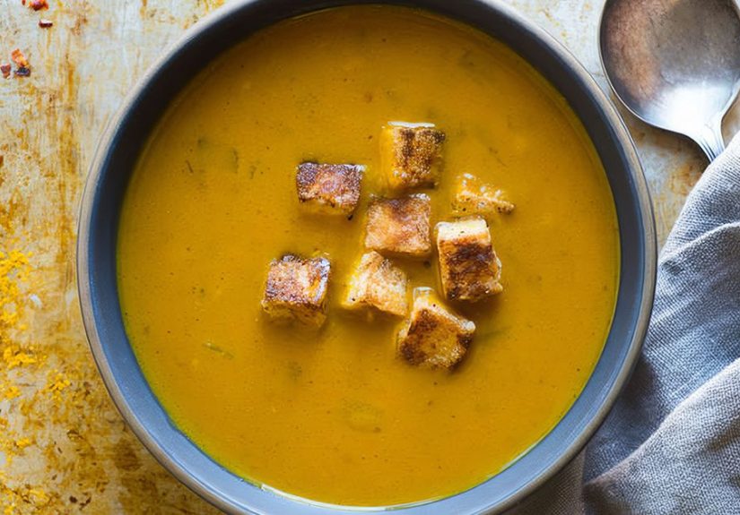 Curried Pumpkin Soup with Crispy Tofu