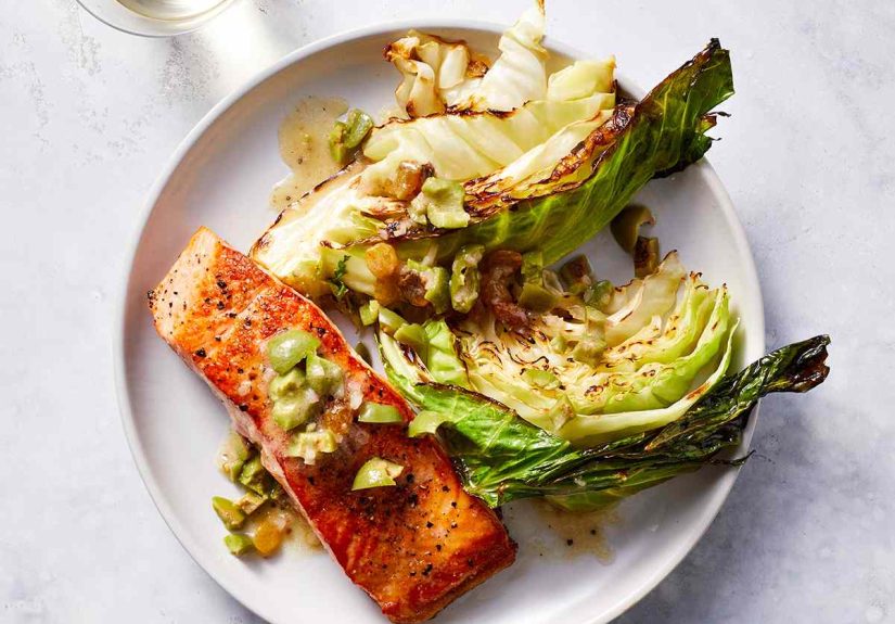 One-Pan Salmon With Roasted Cabbage and Olive Vinaigrette Recipe